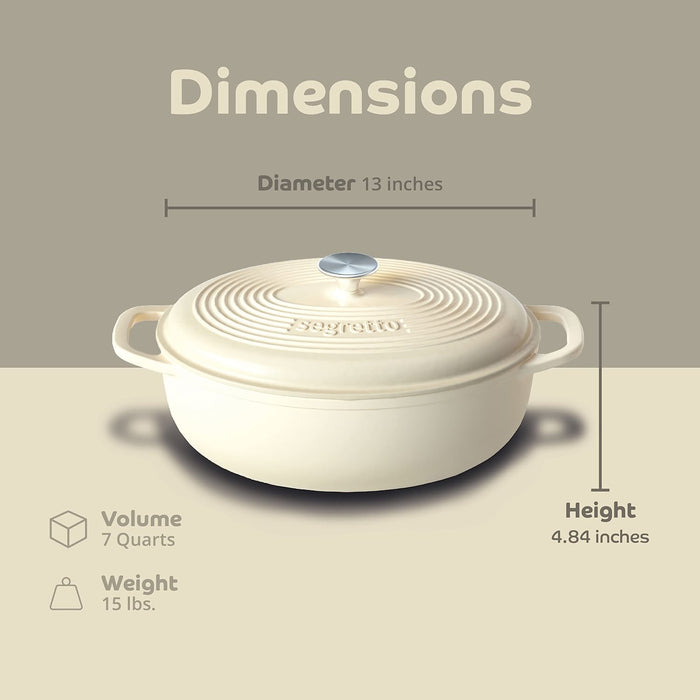 Segretto Cookware Enameled Dutch Oven |  7 Quarts | Bianco Perla (Off-White)