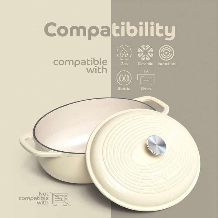 Segretto Cookware Enameled Dutch Oven |  7 Quarts | Bianco Perla (Off-White)