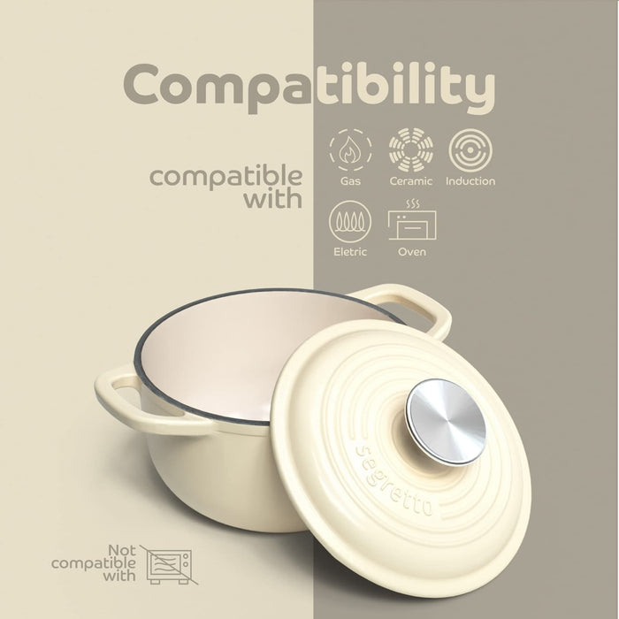 Segretto Cookware Enameled Dutch Oven |  1.7 Quarts | Bianco Perla (Off-White)