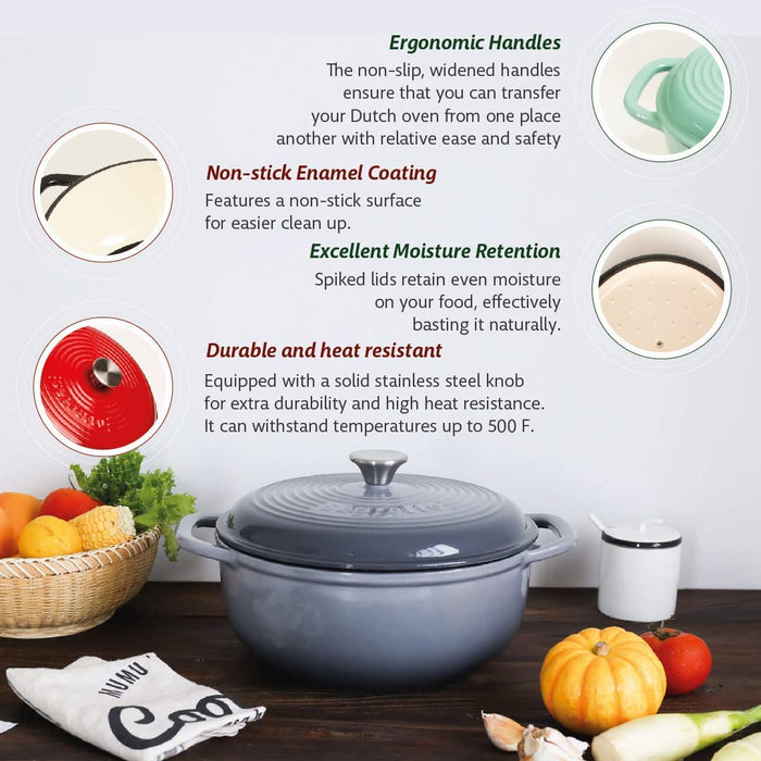 Segretto Cookware Enameled Dutch Oven | 6 Quarts | Grigio Scuro (Gradient Gray)