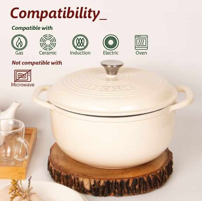 Segretto Cookware Enameled Dutch Oven | 6 Quarts | Bianco Perla (Off-White)