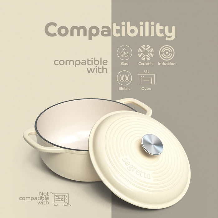 Segretto Cookware Enameled Dutch Oven |  4.57 Quarts | Bianco Perla (Off-White)
