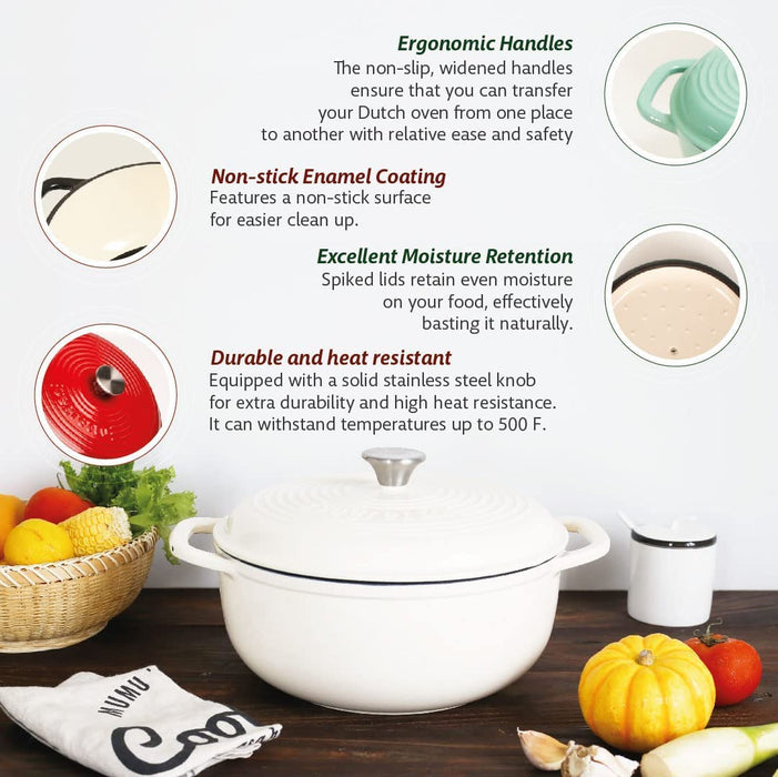 Segretto Cookware Enameled Dutch Oven | 6 Quarts | Bianco Perla (Off-White)