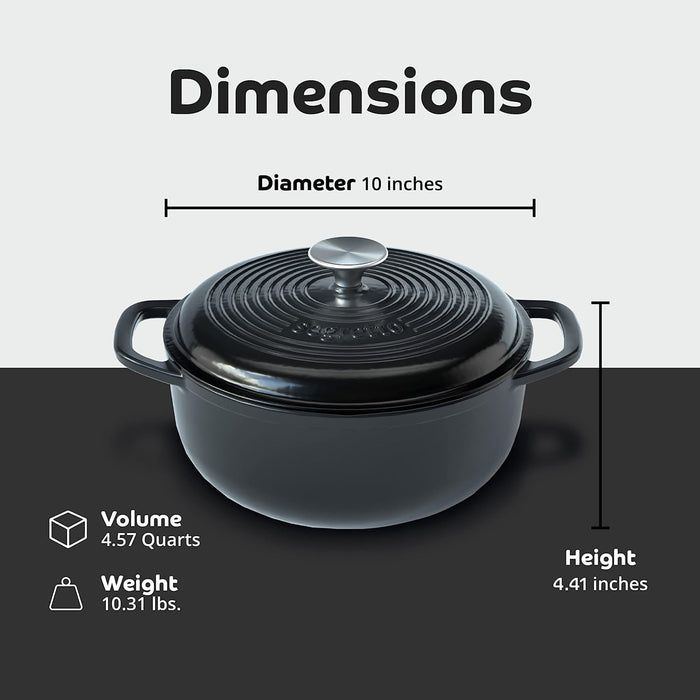 Segretto Cookware Enameled Dutch Oven |  4.57 Quarts | Nero (Black)
