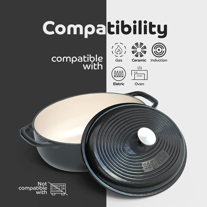 Segretto Cookware Enameled Dutch Oven |  7 Quarts | Nero (Black)