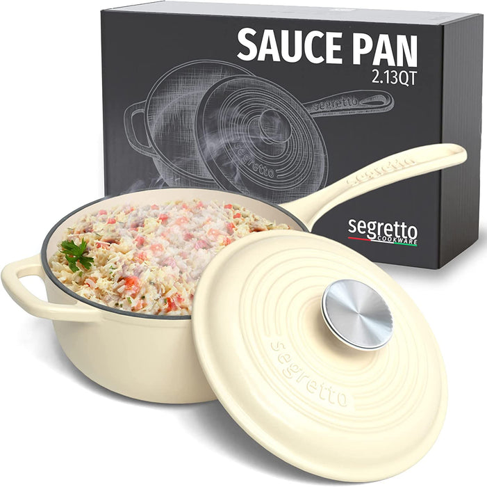 Segretto Cookware Mini Cast Iron Saucepan | 2.13 Quarts | Bianco Perla (Off White)