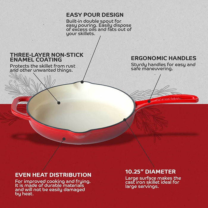 Segretto Cookware Cast Iron Enameled Skillet | 10.25" | Rosso (Gradient Red)
