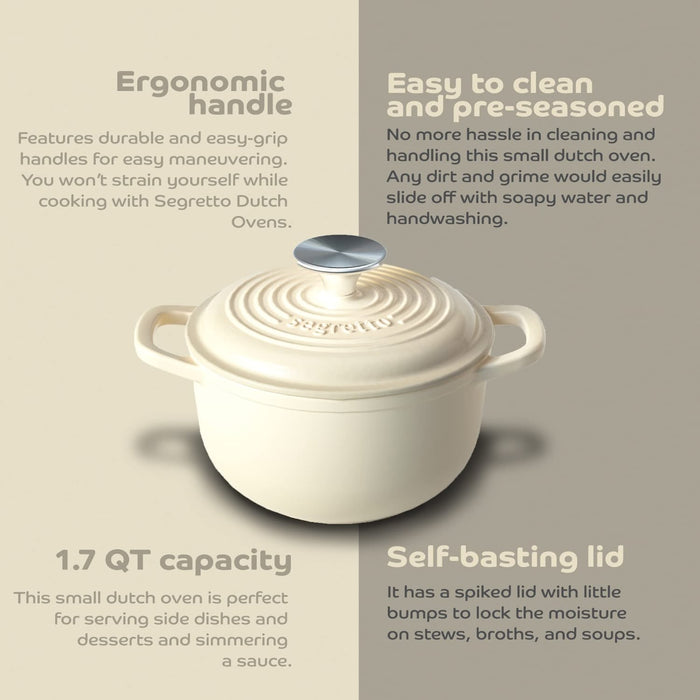 Segretto Cookware Enameled Dutch Oven |  1.7 Quarts | Bianco Perla (Off-White)