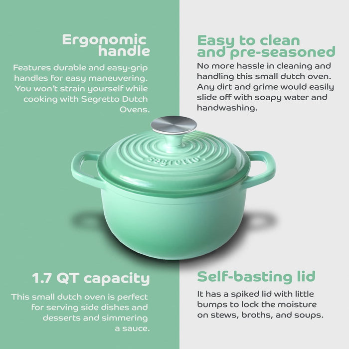 Segretto Cookware Enameled Dutch Oven |  1.7 Quarts | Verde Chiaro (Light Green)