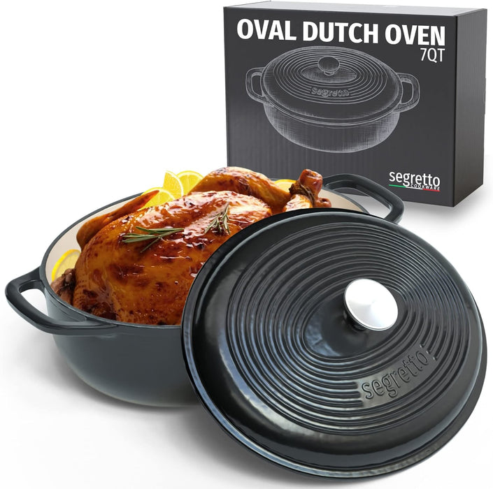 Segretto Cookware Enameled Dutch Oven |  7 Quarts | Nero (Black)