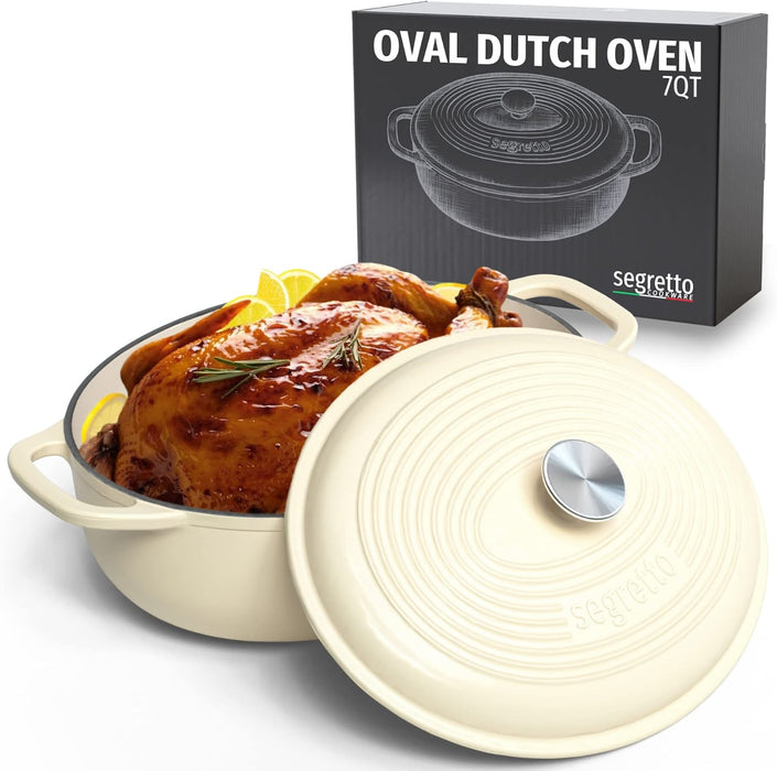 Segretto Cookware Enameled Dutch Oven |  7 Quarts | Bianco Perla (Off-White)