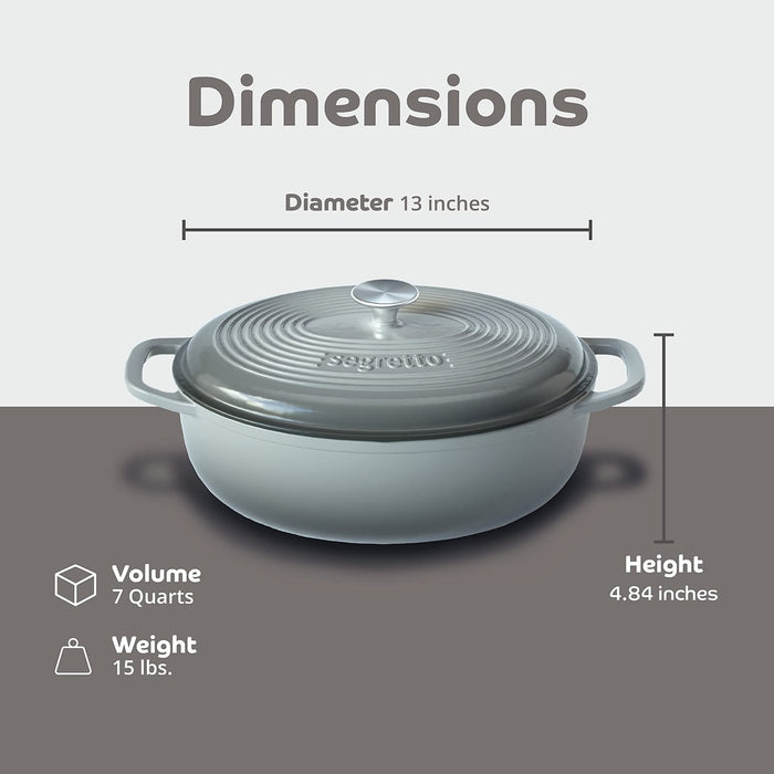 Segretto Cookware Enameled Dutch Oven |  7 Quarts | Grigio Scuro (Gray)