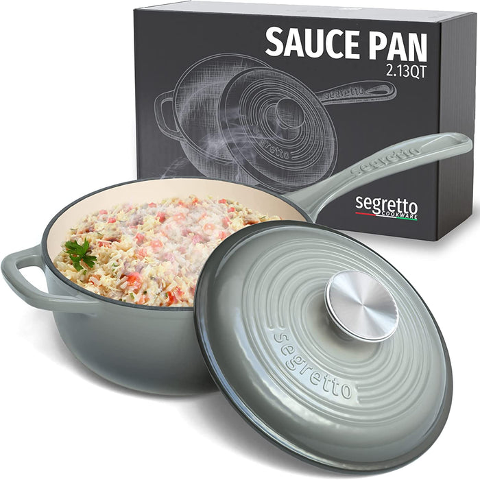 Segretto Cookware Mini Cast Iron Saucepan | 2.13 Quarts | Grigio Scuro (Gray)
