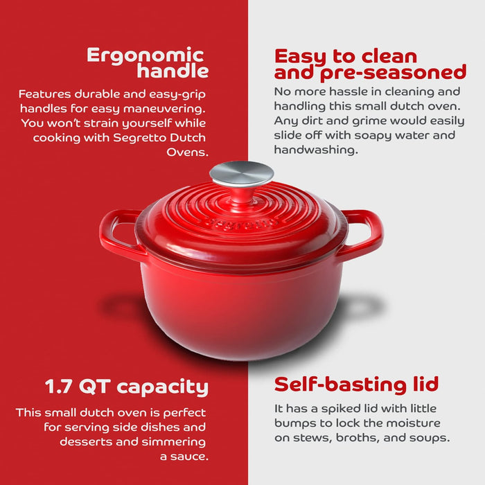 Segretto Cookware Enameled Dutch Oven |  1.7 Quarts | Rosso (Red)