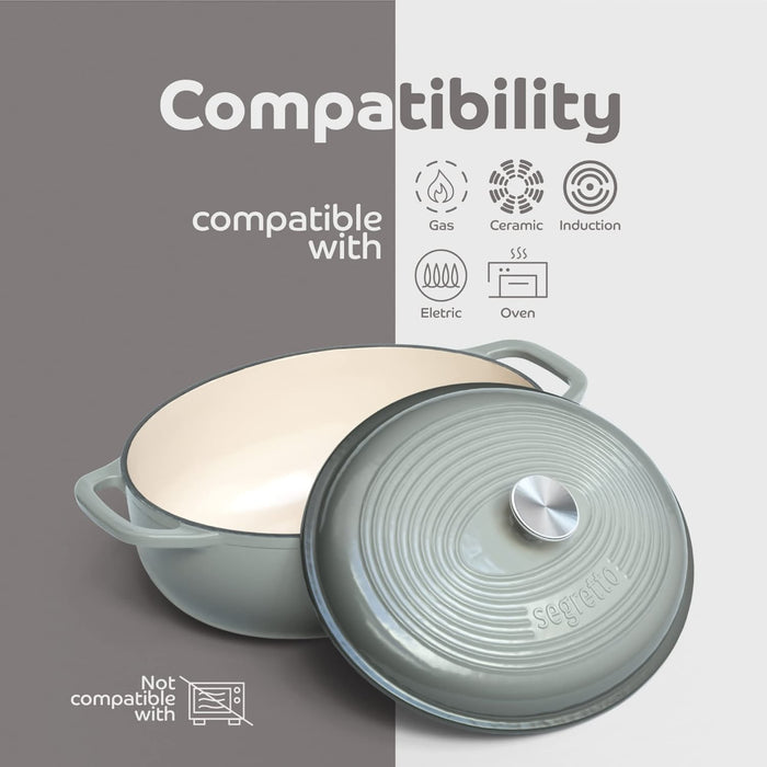 Segretto Cookware Enameled Dutch Oven |  7 Quarts | Grigio Scuro (Gray)