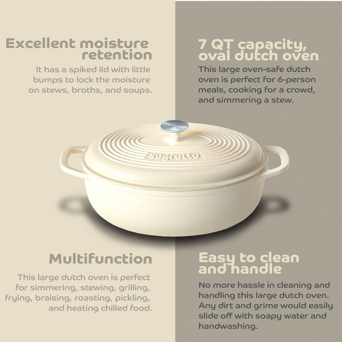 Segretto Cookware Enameled Dutch Oven |  7 Quarts | Bianco Perla (Off-White)