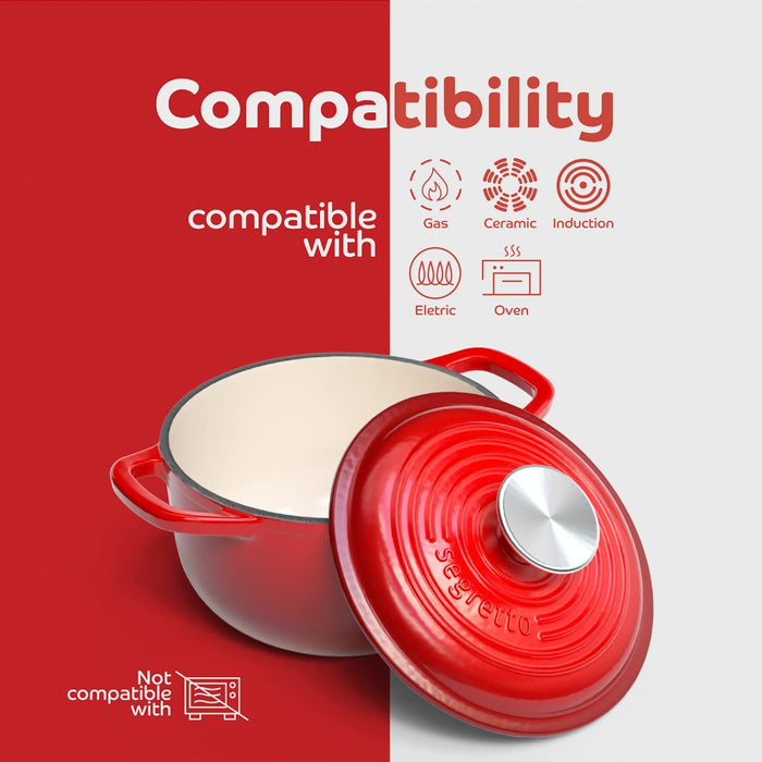 Segretto Cookware Enameled Dutch Oven |  1.7 Quarts | Rosso (Red)