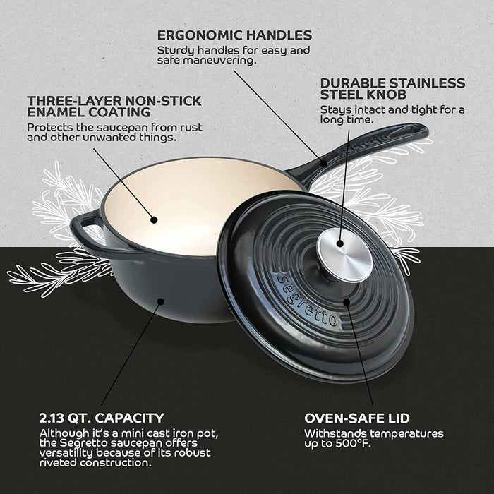 Segretto Cookware Mini Cast Iron Saucepan | 2.13 Quarts | Nero (Black)