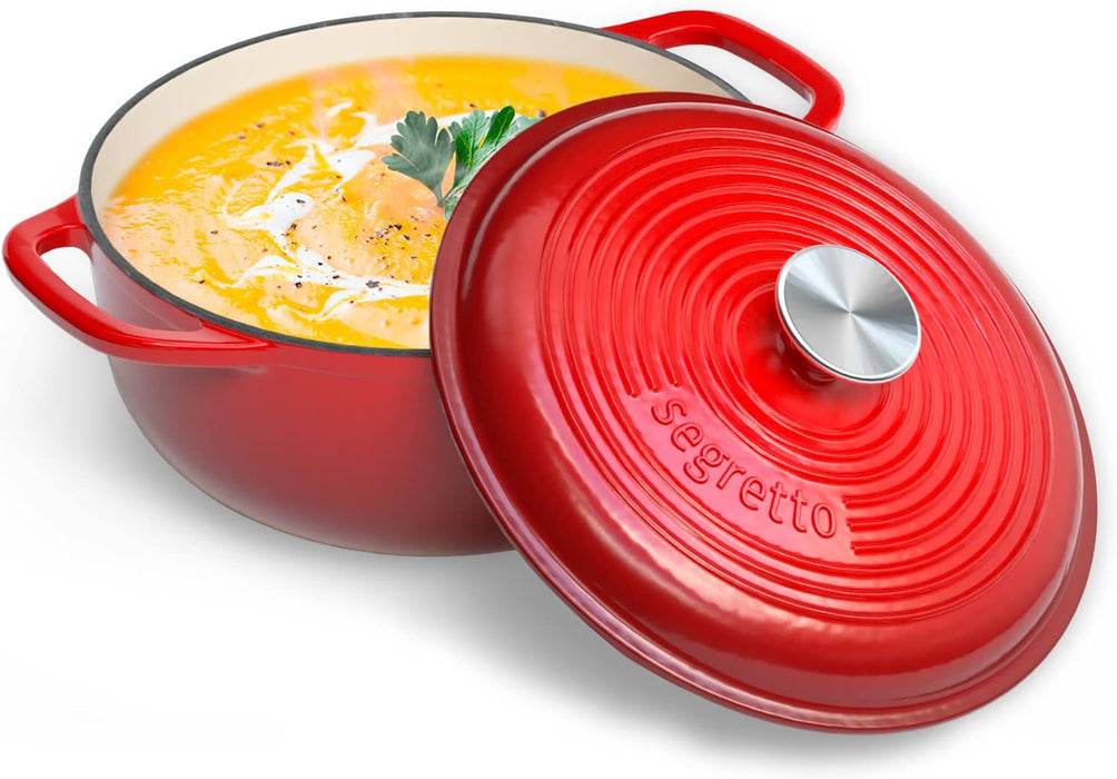 Segretto Cookware Enameled Dutch Oven |  4.57 Quarts | Rosso (Red)