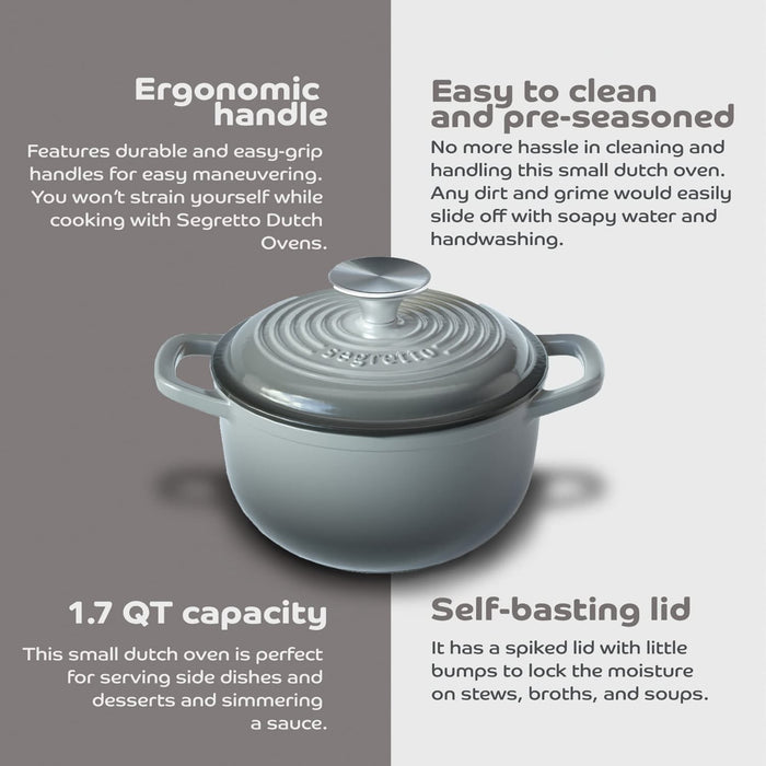 Segretto Cookware Enameled Dutch Oven |  1.7 Quarts | Grigio Scuro (Gradient Gray)