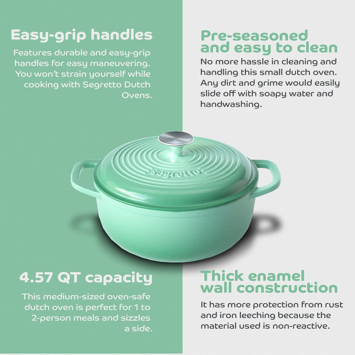 Segretto Cookware Enameled Dutch Oven |  4.57 Quarts | Verde Chiaro (Gradient Green)