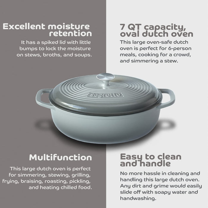 Segretto Cookware Enameled Dutch Oven |  7 Quarts | Grigio Scuro (Gray)