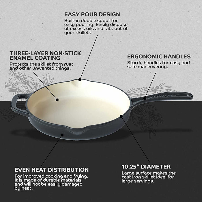 Segretto Cookware Cast Iron Enameled Skillet | 10.25" | Nero (Black)