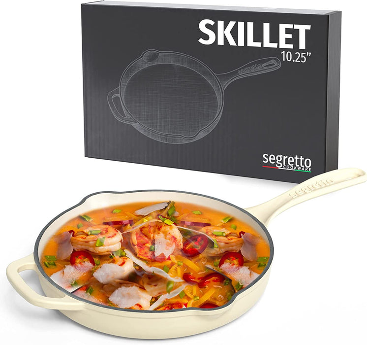 Segretto Cookware Cast Iron Enameled Skillet | 10.25" | Bianco Perla (Off-White)
