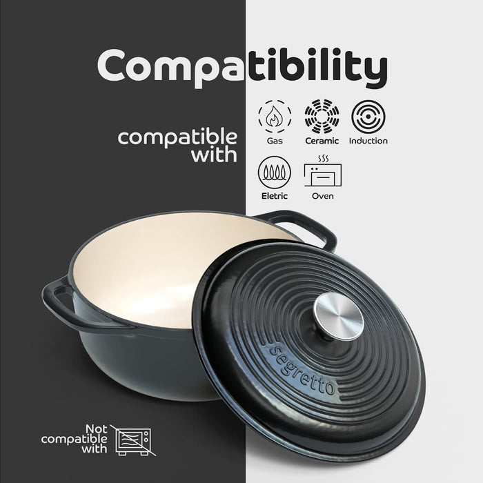 Segretto Cookware Enameled Dutch Oven |  4.57 Quarts | Nero (Black)