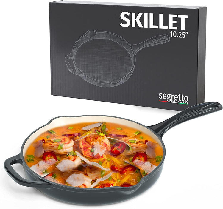 Segretto Cookware Cast Iron Enameled Skillet | 10.25" | Nero (Black)