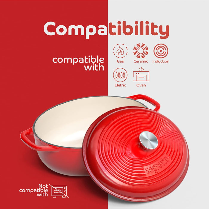 Segretto Cookware Enameled Dutch Oven |  7 Quarts | Rosso (Red)