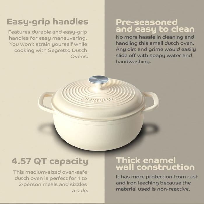 Segretto Cookware Enameled Dutch Oven |  4.57 Quarts | Bianco Perla (Off-White)