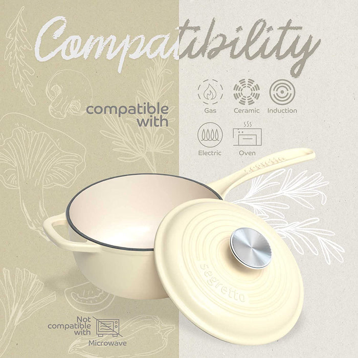 Segretto Cookware Mini Cast Iron Saucepan | 2.13 Quarts | Bianco Perla (Off White)