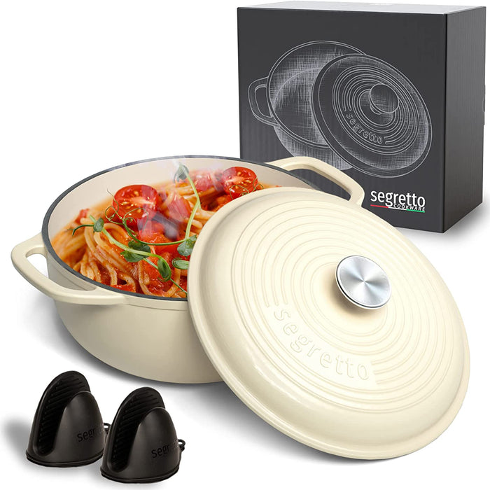 Segretto Cookware Enameled Dutch Oven | 6 Quarts | Bianco Perla (Off-White)