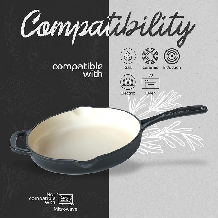 Segretto Cookware Cast Iron Enameled Skillet | 10.25" | Nero (Black)