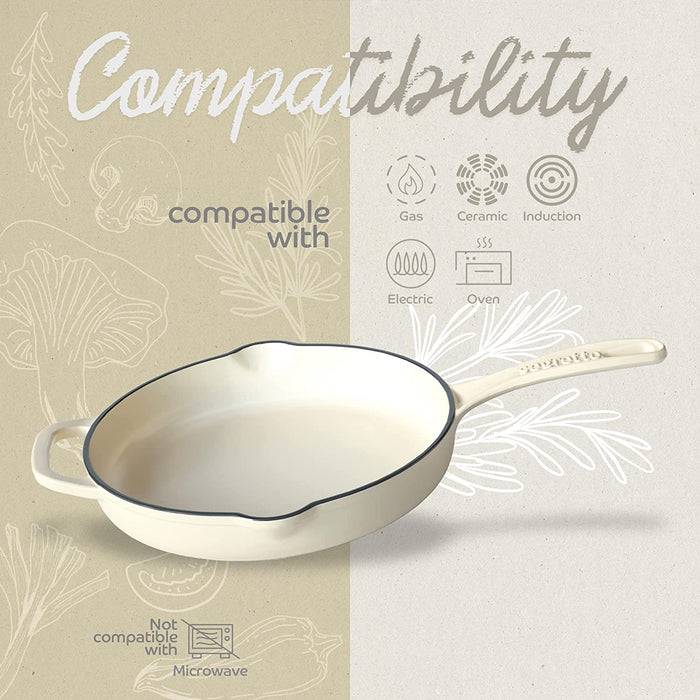 Segretto Cookware Cast Iron Enameled Skillet | 10.25" | Bianco Perla (Off-White)