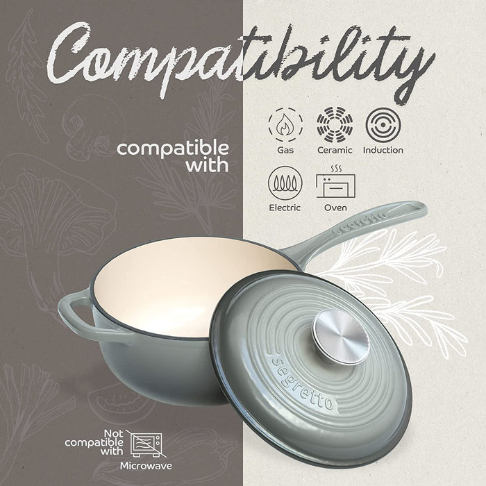 Segretto Cookware Mini Cast Iron Saucepan | 2.13 Quarts | Grigio Scuro (Gray)