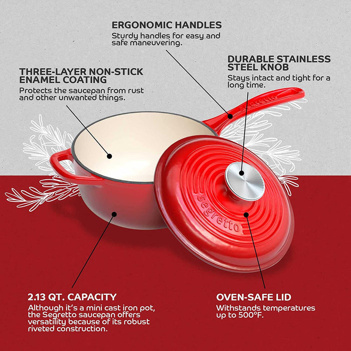 Segretto Cookware Mini Cast Iron Saucepan | 2.13 Quarts | Rosso (Red)