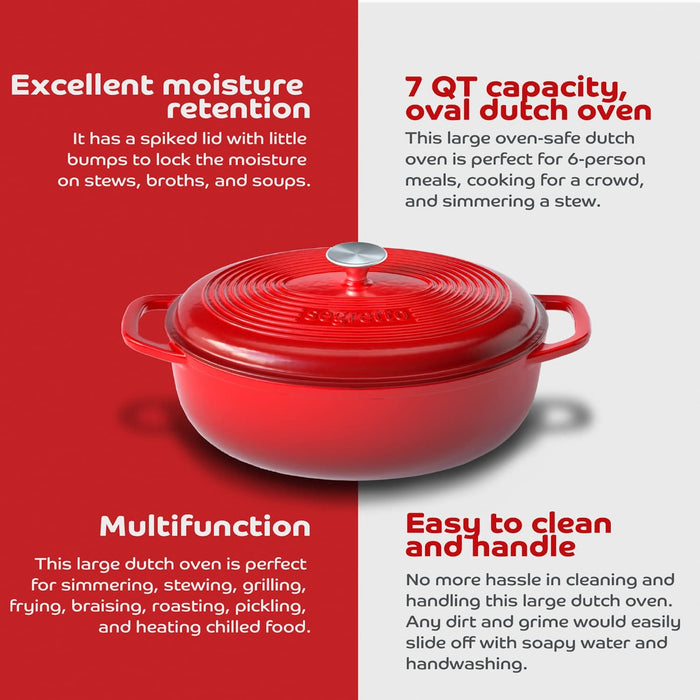 Segretto Cookware Enameled Dutch Oven |  7 Quarts | Rosso (Red)