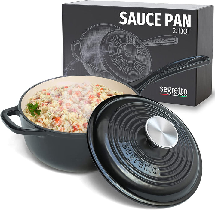 Segretto Cookware Mini Cast Iron Saucepan | 2.13 Quarts | Nero (Black)