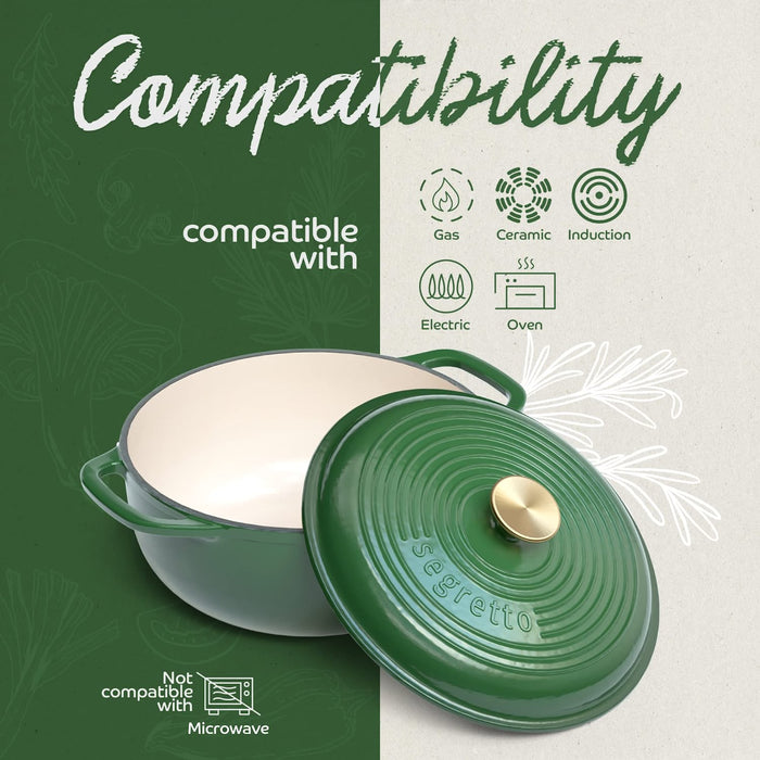 Segretto Cookware Enameled Dutch Oven | 6 Quarts | Verde Foresta (Forest Green)