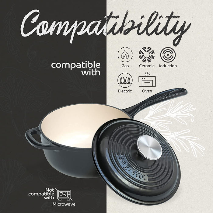 Segretto Cookware Mini Cast Iron Saucepan | 2.13 Quarts | Nero (Black)