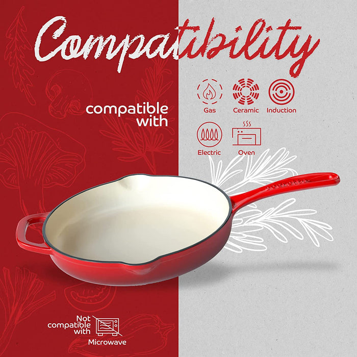 Segretto Cookware Cast Iron Enameled Skillet | 10.25" | Rosso (Gradient Red)