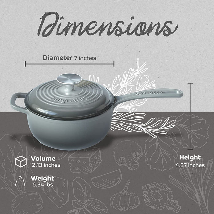 Segretto Cookware Mini Cast Iron Saucepan | 2.13 Quarts | Grigio Scuro (Gray)