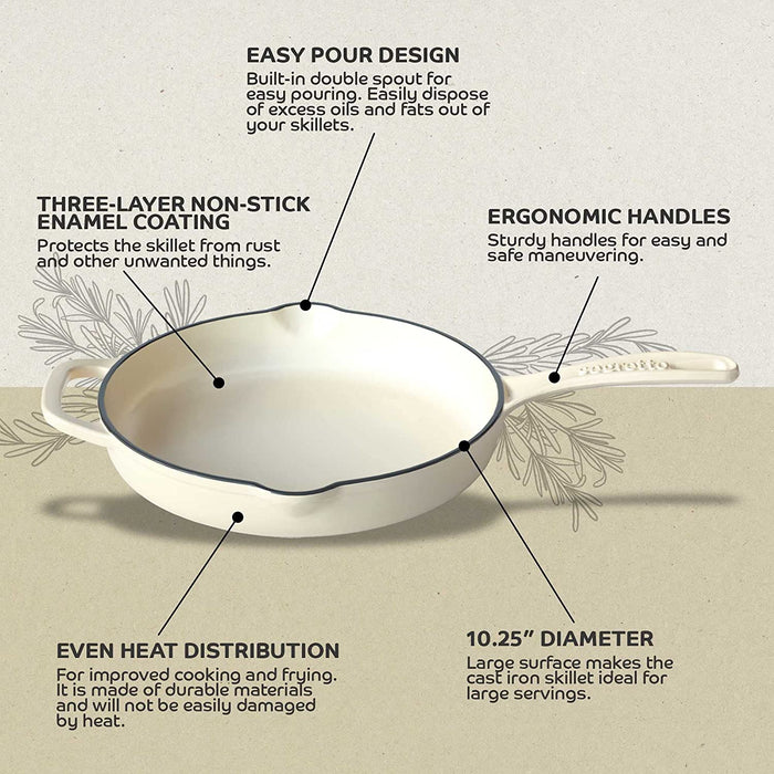 Segretto Cookware Cast Iron Enameled Skillet | 10.25" | Bianco Perla (Off-White)