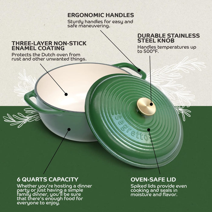 Segretto Cookware Enameled Dutch Oven | 6 Quarts | Verde Foresta (Forest Green)