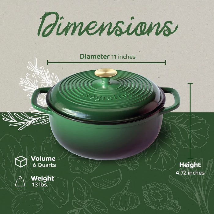 Segretto Cookware Enameled Dutch Oven | 6 Quarts | Verde Foresta (Forest Green)