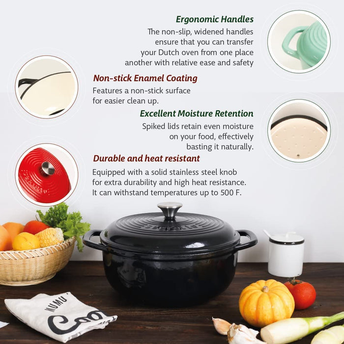 Segretto Cookware Enameled Dutch Oven | 6 Quarts | Black (Nero)