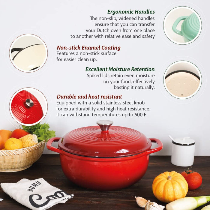 Segretto Cookware Enameled Dutch Oven | 6 Quarts | Gradient Red (Rosso)