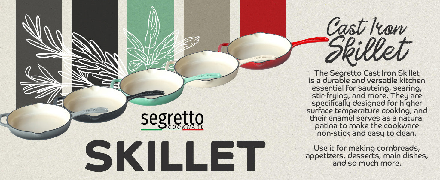Segretto Cookware Cast Iron Enameled Skillet | 10.25 | Nero (Black)